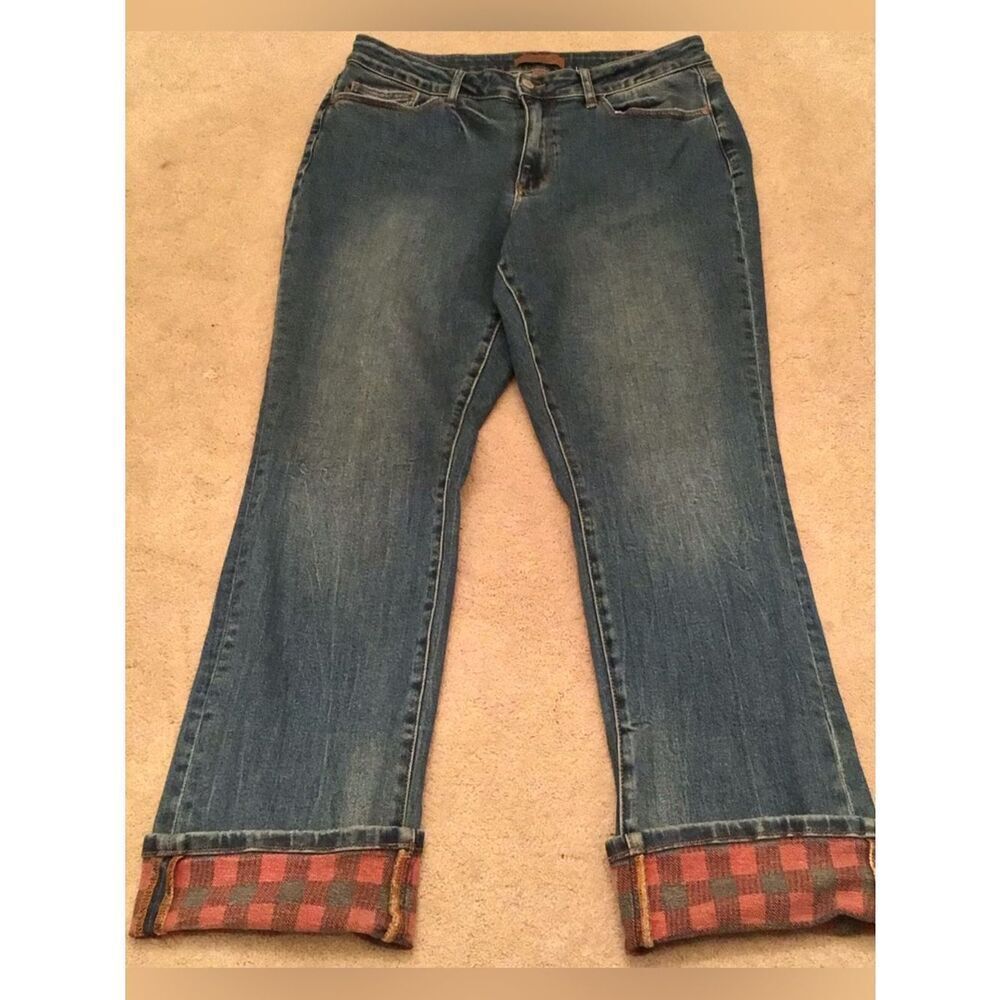 Judy Blue Medium Blue Straight-Leg Jeans with Buffalo Plaid Cuff - Picture 3 of 6